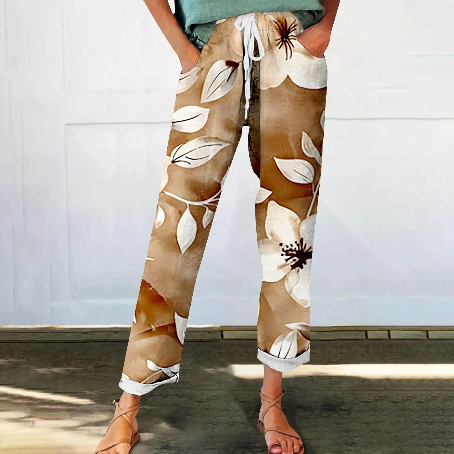 Women's Wide Leg Pants Summer Outfits Drawstring Elastic Waist Pants High Waisted Trousers Casual Beach