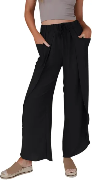Womens Wide Leg Summer Pants Flowy Side Split Palazzo Beach Boho High Waisted Casual Lounge Trousers Plus Size