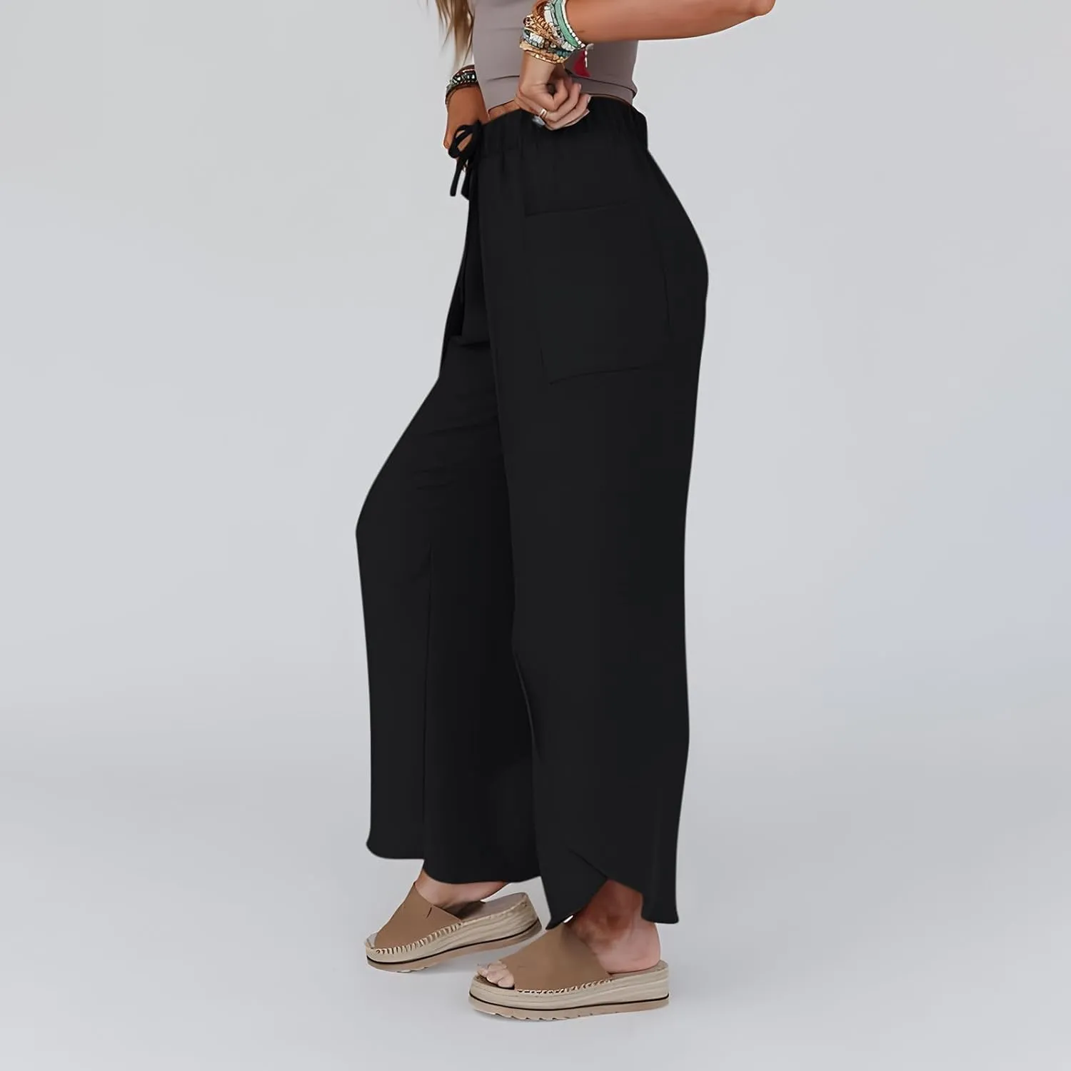 Womens Wide Leg Summer Pants Flowy Side Split Palazzo Beach Boho High Waisted Casual Lounge Trousers Plus Size