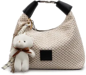 Woven Hobo Handbag with Plush Bear Charm, Cream White,Black Brown Leather Handles, Crossbody Shoulder Bag