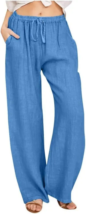 Xiaojmake Women's Summer Cotton Linen Pants Wide Leg Casual Drawstring High Waist Palazzo Pants Loose Trousers with Pocket