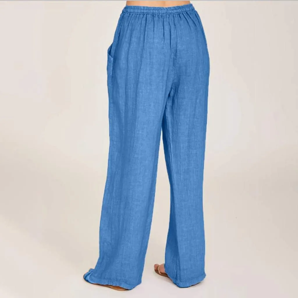 Xiaojmake Women's Summer Cotton Linen Pants Wide Leg Casual Drawstring High Waist Palazzo Pants Loose Trousers with Pocket