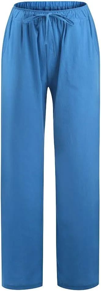 Xiaojmake Women's Summer Cotton Linen Pants Wide Leg Casual Drawstring High Waist Palazzo Pants Loose Trousers with Pocket