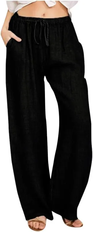Xiaojmake Women's Summer Cotton Linen Pants Wide Leg Casual Drawstring High Waist Palazzo Pants Loose Trousers with Pocket