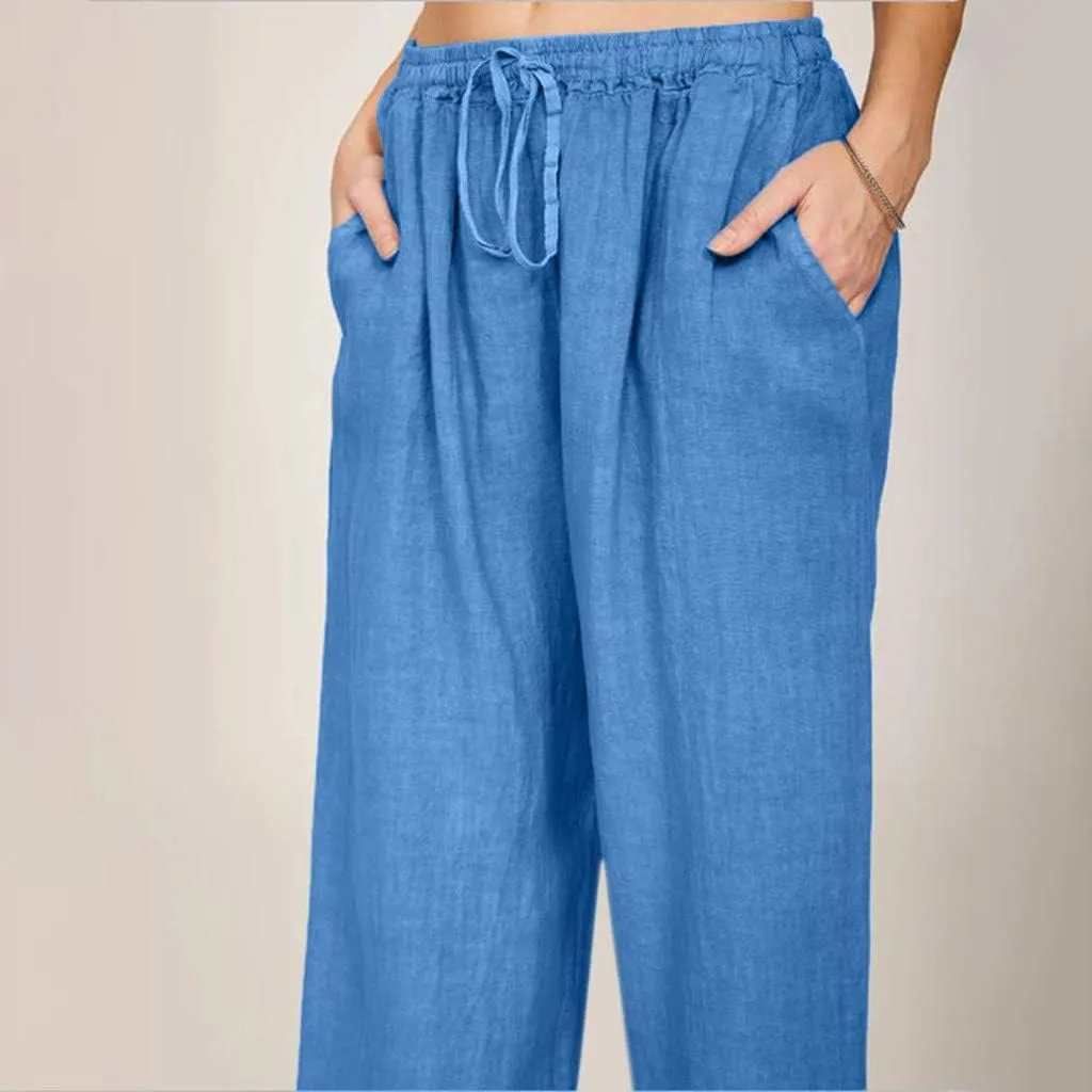 Xiaojmake Women's Summer Cotton Linen Pants Wide Leg Casual Drawstring High Waist Palazzo Pants Loose Trousers with Pocket