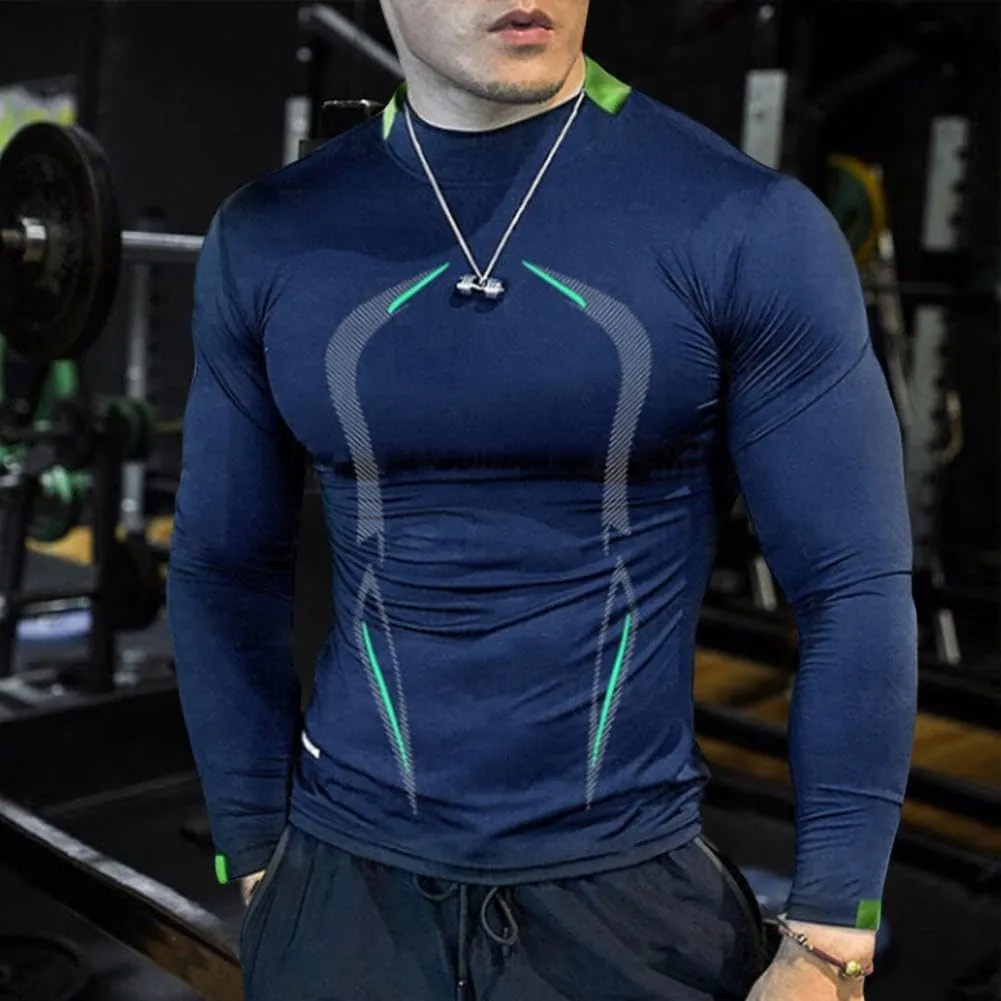 Xingfenly High Elasticity Sweat Absorption Sport -Shirt Slim Fit Quick Dry Autumn Solid Color Round Neck Long Gym Shirt