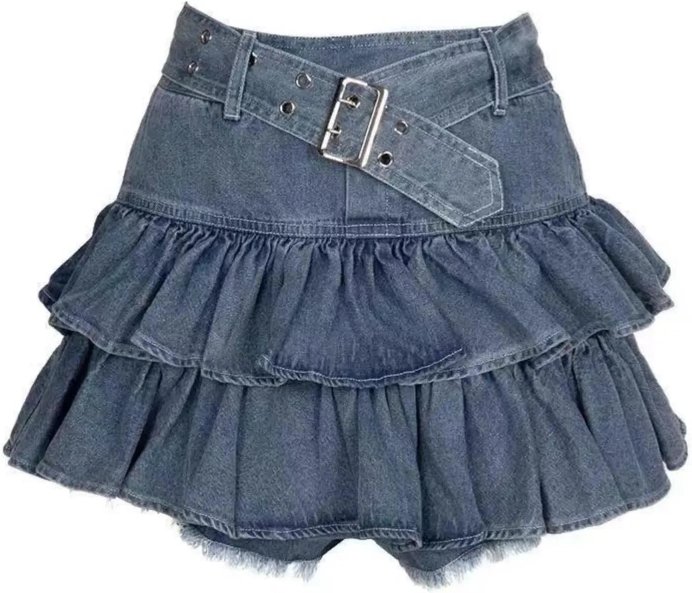 Y2K Skirt Women Belted High Waisted Ruffle Denim Mini Skirt Casual Jean Ruffle Shorts Skorts Shoujo Clothes