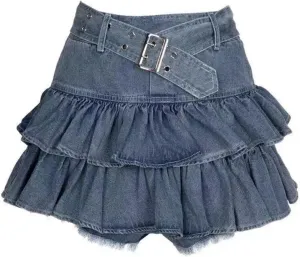 Y2K Skirt Women Belted High Waisted Ruffle Denim Mini Skirt Casual Jean Ruffle Shorts Skorts Shoujo Clothes