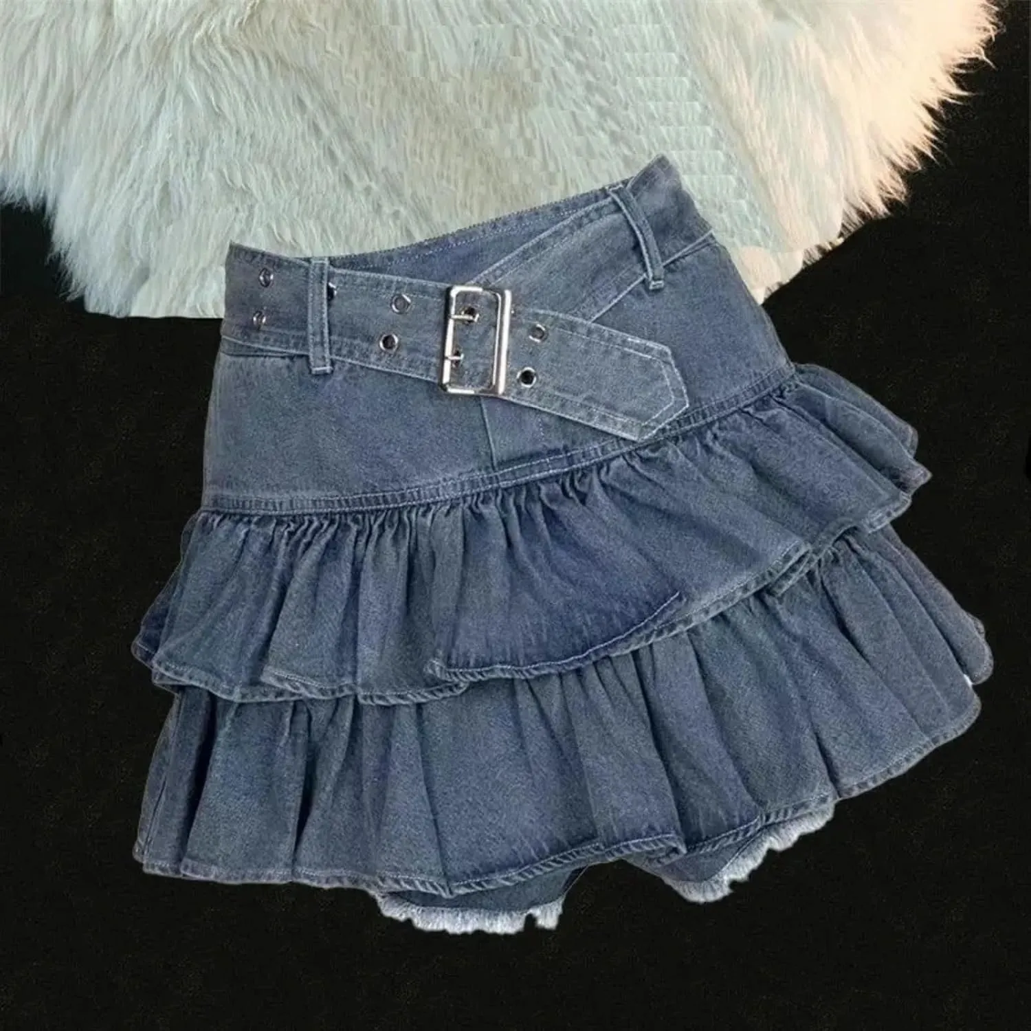 Y2K Skirt Women Belted High Waisted Ruffle Denim Mini Skirt Casual Jean Ruffle Shorts Skorts Shoujo Clothes