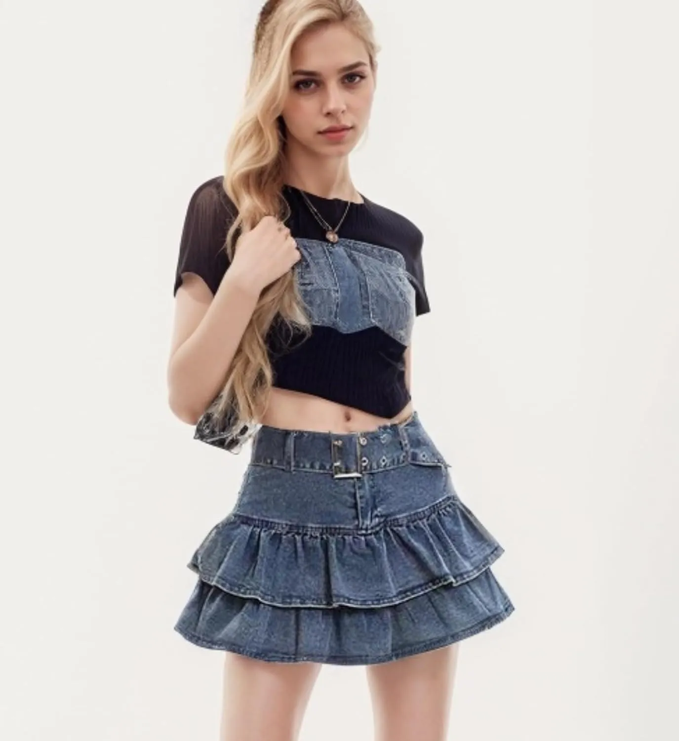 Y2K Skirt Women Belted High Waisted Ruffle Denim Mini Skirt Casual Jean Ruffle Shorts Skorts Shoujo Clothes