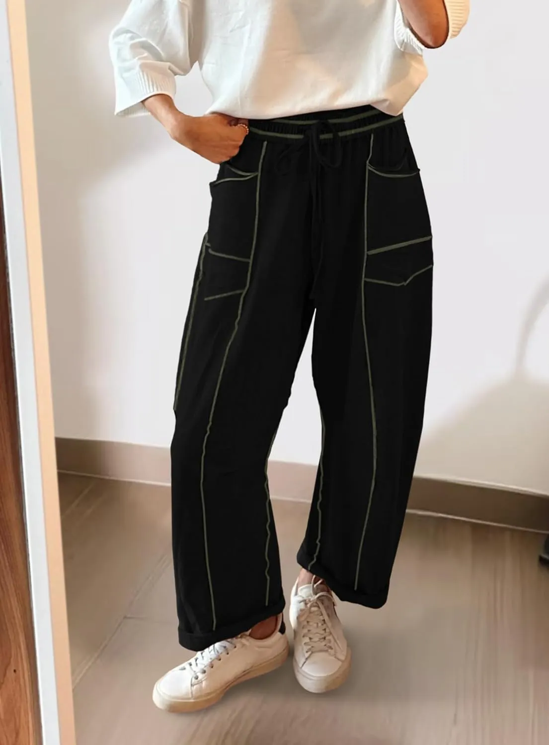 Yanekop Womens Baggy Wide Leg Pants Casual Summer Palazzo Pants Drawstring Waist Lounge Pants with Pockets