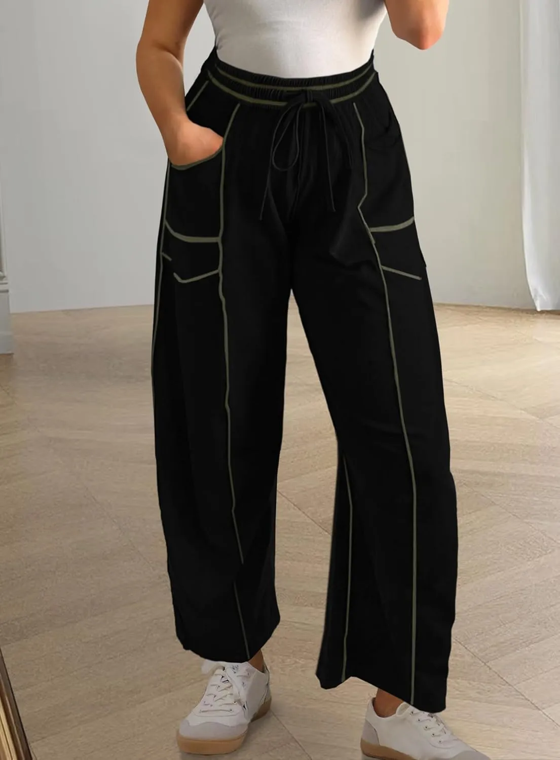 Yanekop Womens Baggy Wide Leg Pants Casual Summer Palazzo Pants Drawstring Waist Lounge Pants with Pockets
