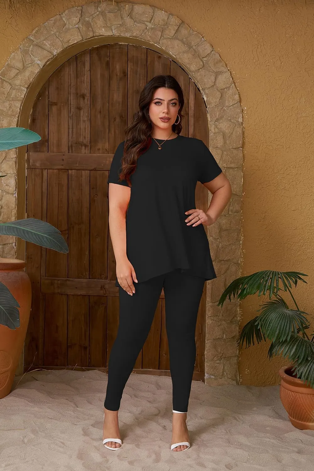 YeGine Women Plus Size 2 Piece Outfits Short Sleeve Top and Legging Pant Set Lounge Sets Tracksuit