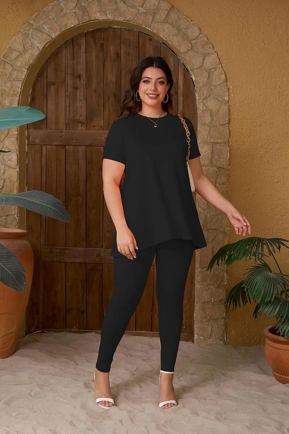 YeGine Women Plus Size 2 Piece Outfits Short Sleeve Top and Legging Pant Set Lounge Sets Tracksuit