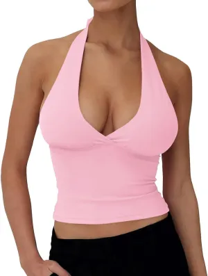 YFANG Women's Sexy Halter Tie Back Deep V Neck Sleeveless Slim Fitted Going Out Crop Tank Top