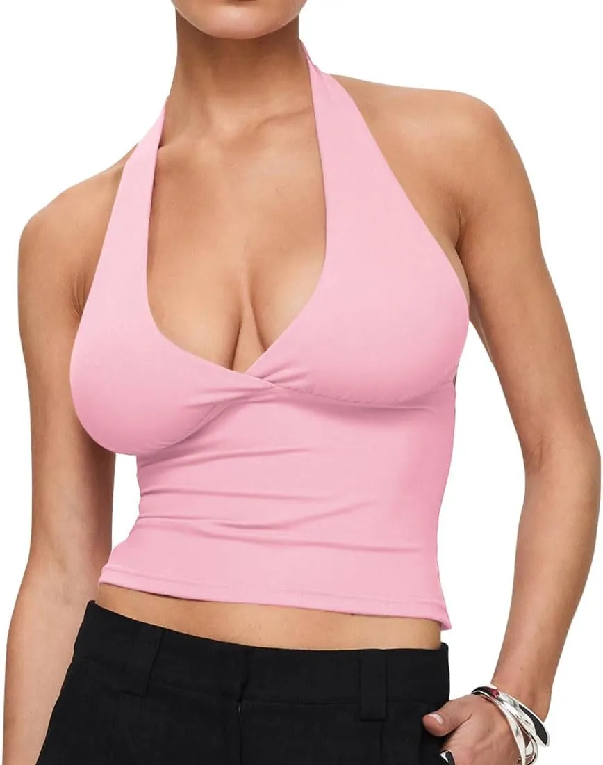 YFANG Women's Sexy Halter Tie Back Deep V Neck Sleeveless Slim Fitted Going Out Crop Tank Top