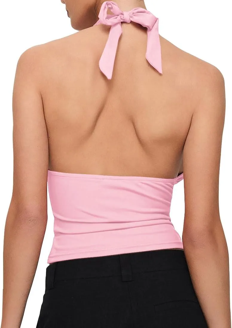 YFANG Women's Sexy Halter Tie Back Deep V Neck Sleeveless Slim Fitted Going Out Crop Tank Top