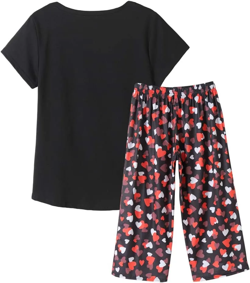 YIJIU Women's Short Sleeve Tops and Capri Pants Cute Cartoon Print Pajama Sets