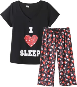 YIJIU Women's Short Sleeve Tops and Capri Pants Cute Cartoon Print Pajama Sets