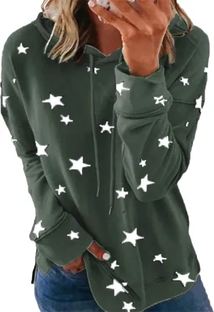 YMING Womens Casual Star Print Hoodies Long Sleeve Hooded Pullover Drawstring Side Split Tunic Tops Plus Size