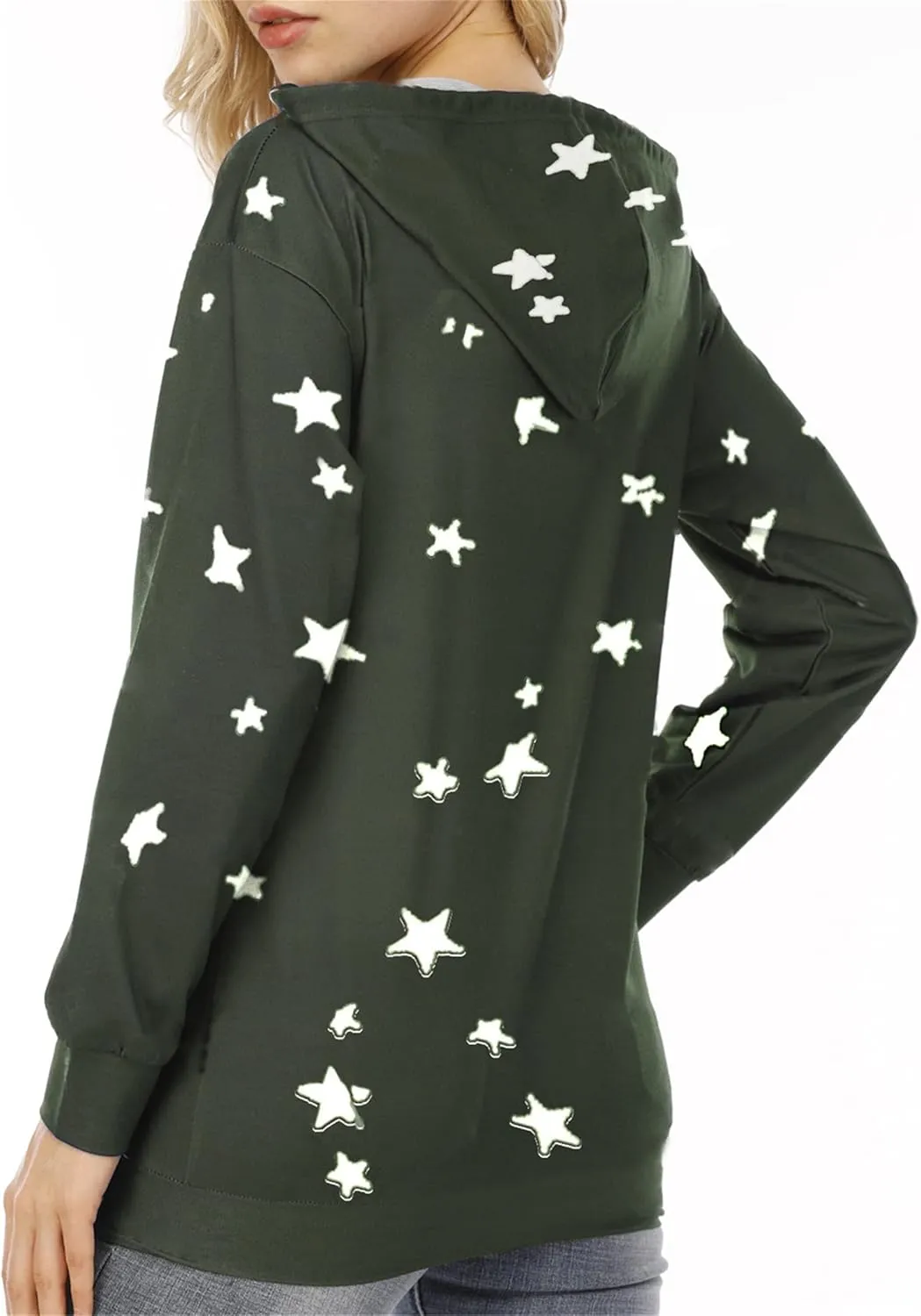 YMING Womens Casual Star Print Hoodies Long Sleeve Hooded Pullover Drawstring Side Split Tunic Tops Plus Size
