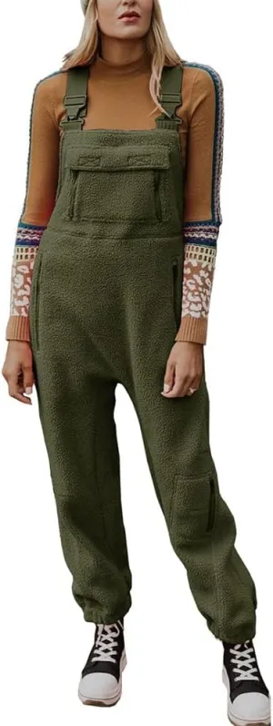 yoeasy Women's Warm Fleece Fuzzy Overalls Sleeveless Winter Loose Adjustable Strap Bib Jumpsuits With Pockets