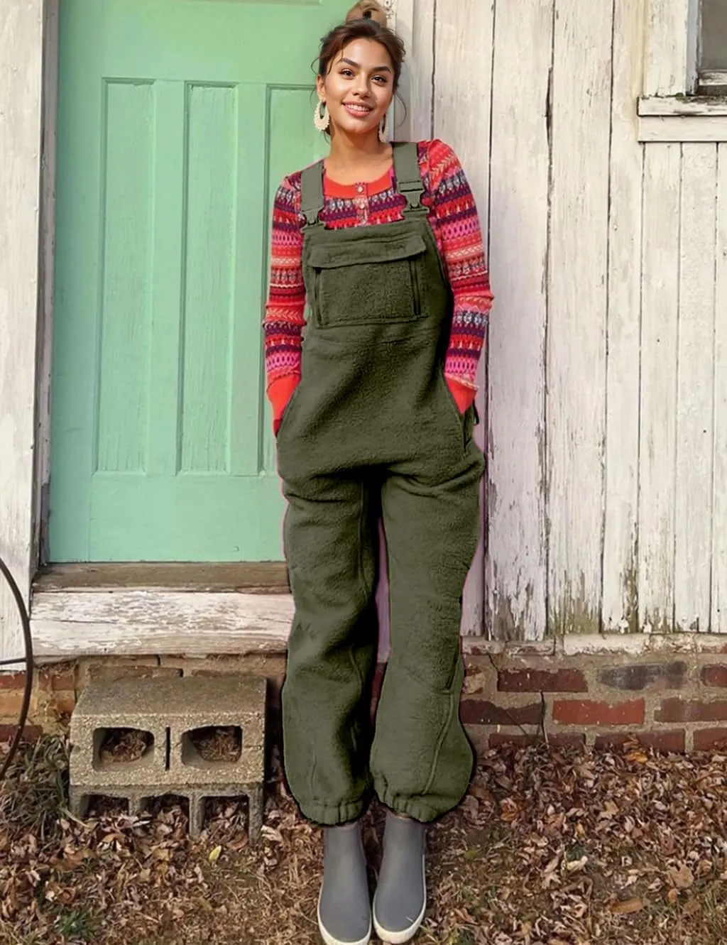 yoeasy Women's Warm Fleece Fuzzy Overalls Sleeveless Winter Loose Adjustable Strap Bib Jumpsuits With Pockets