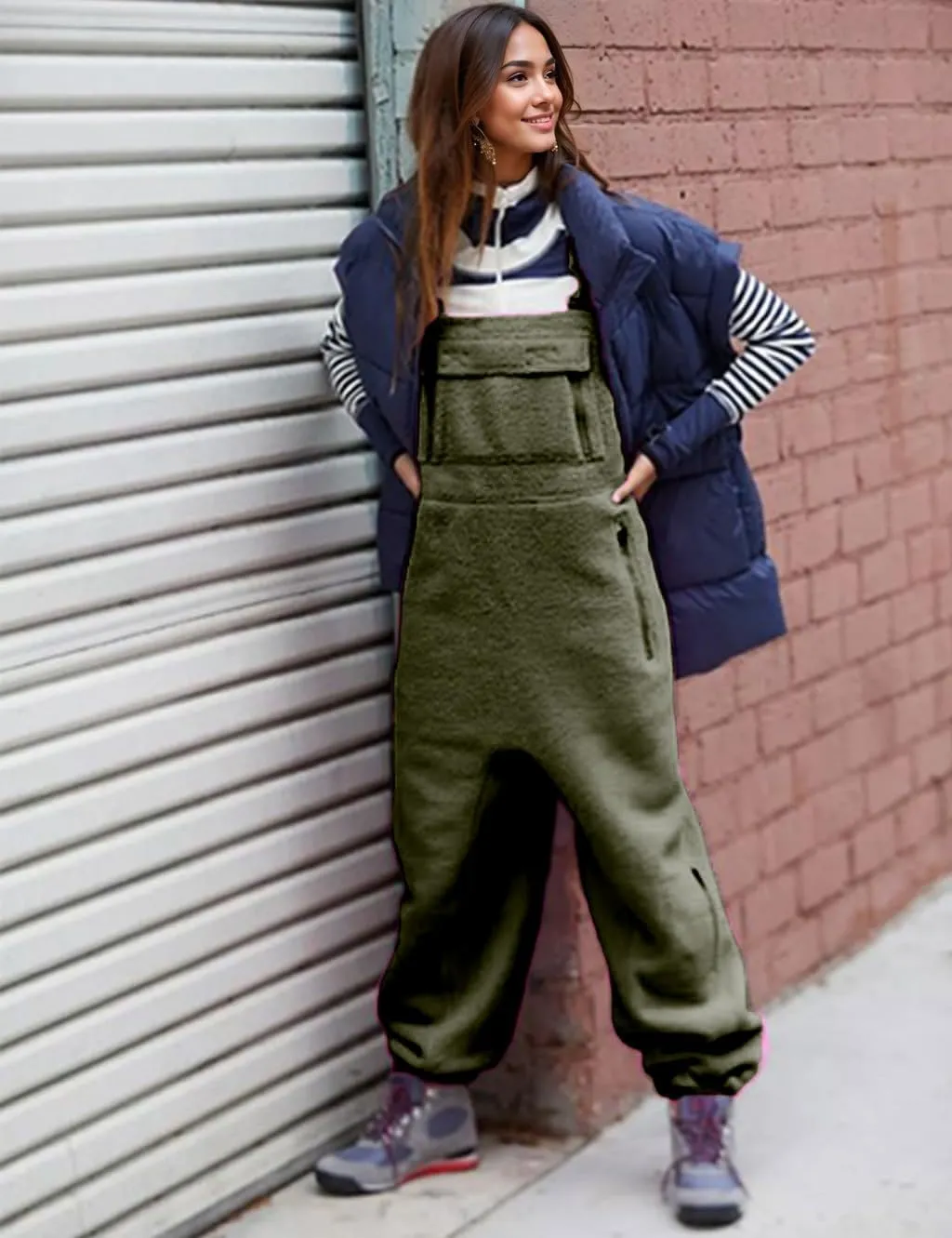 yoeasy Women's Warm Fleece Fuzzy Overalls Sleeveless Winter Loose Adjustable Strap Bib Jumpsuits With Pockets
