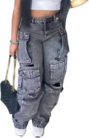 YOOTIKO Womens Baggy Jeans Cargo Pants Y2K High Waisted Distressed Street Denim Wide Leg Trousers with Pockets