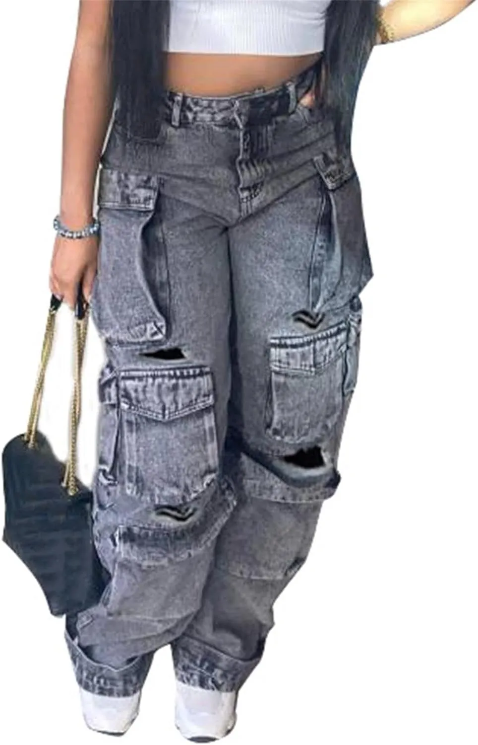 YOOTIKO Womens Baggy Jeans Cargo Pants Y2K High Waisted Distressed Street Denim Wide Leg Trousers with Pockets
