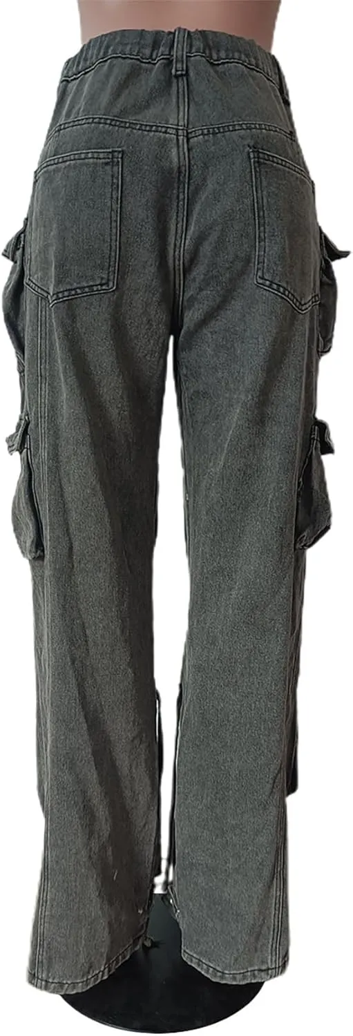 YOOTIKO Womens Baggy Jeans Cargo Pants Y2K High Waisted Distressed Street Denim Wide Leg Trousers with Pockets