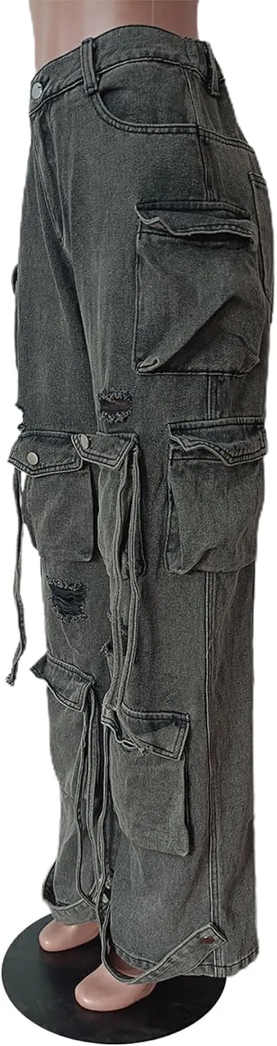 YOOTIKO Womens Baggy Jeans Cargo Pants Y2K High Waisted Distressed Street Denim Wide Leg Trousers with Pockets