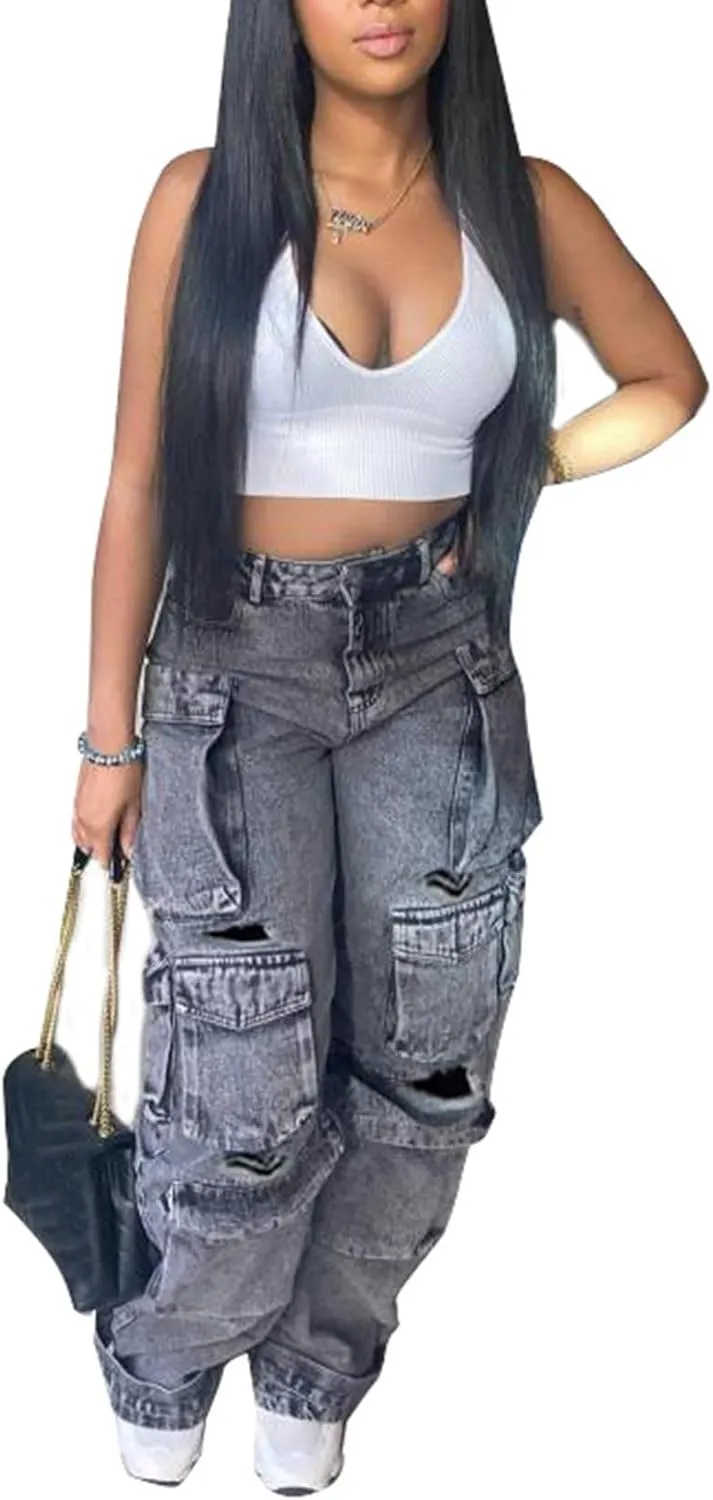 YOOTIKO Womens Baggy Jeans Cargo Pants Y2K High Waisted Distressed Street Denim Wide Leg Trousers with Pockets