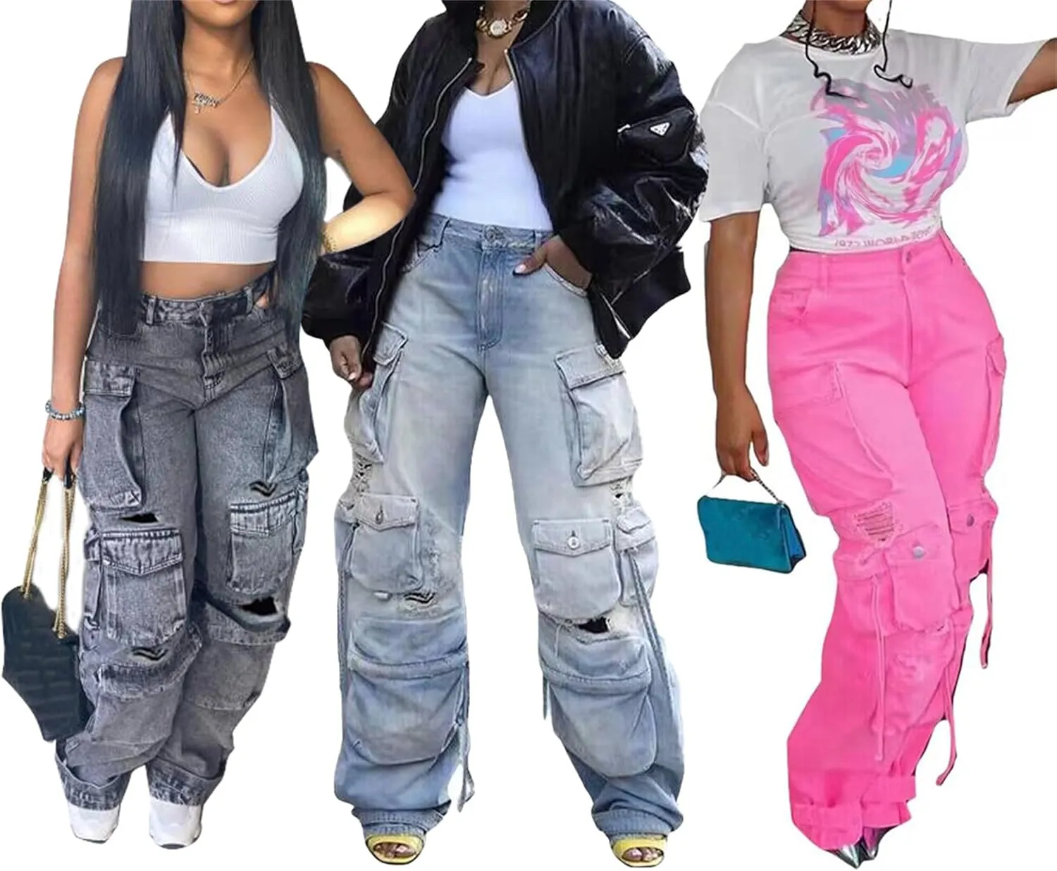 YOOTIKO Womens Baggy Jeans Cargo Pants Y2K High Waisted Distressed Street Denim Wide Leg Trousers with Pockets