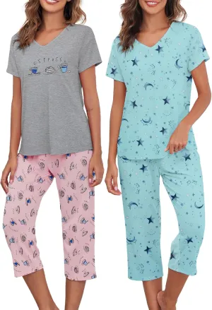 Zando 2 Pack Womens Pajama Sets Cotton Pajamas for Women Set Summer Pj Sets Short Sleeve Sleepwear Tops With Capri Pants