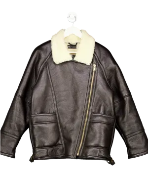 ZARA Brown Faux Leather Jacket With Sherling Look Lining UK S