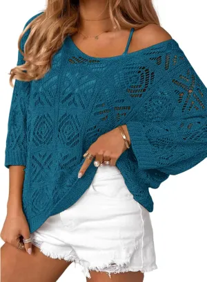 Zeagoo Women's Summer Crochet Off The Shoulder Hollow Out Knit Tops 2025 V Neck 3/4 Sleeve Sweater Top
