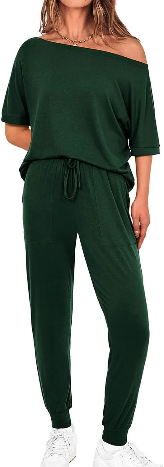 Zenlonr Women Summer 2 Piece Outfits 2025 Off Shoulder Short Sleeve Tops Elastic Waist Drawstring Long Pants Tracksuit
