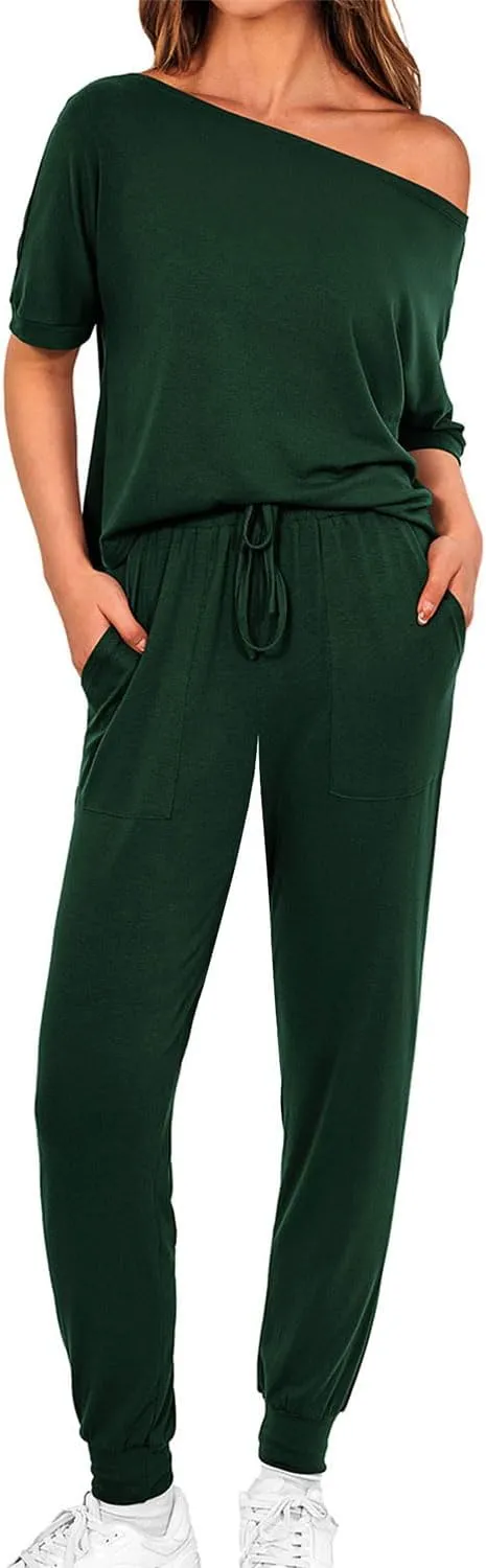 Zenlonr Women Summer 2 Piece Outfits 2025 Off Shoulder Short Sleeve Tops Elastic Waist Drawstring Long Pants Tracksuit