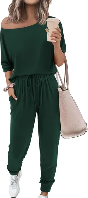 Zenlonr Women Summer 2 Piece Outfits 2025 Off Shoulder Short Sleeve Tops Elastic Waist Drawstring Long Pants Tracksuit