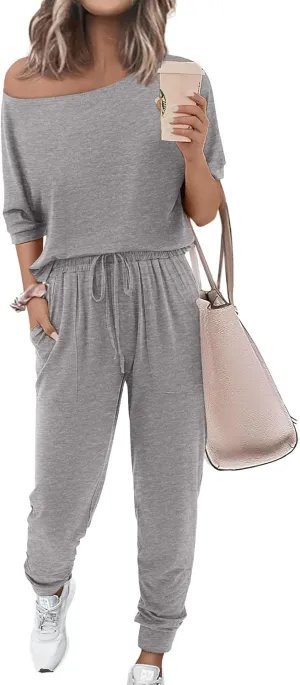 Zenlonr Women Summer 2 Piece Outfits 2025 Off Shoulder Short Sleeve Tops Elastic Waist Drawstring Long Pants Tracksuit