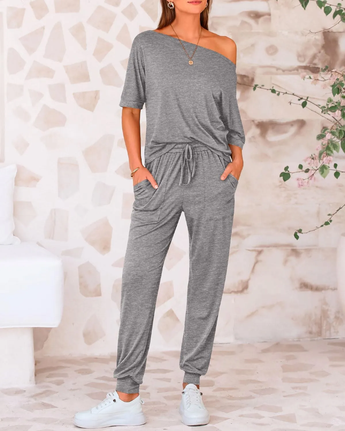 Zenlonr Women Summer 2 Piece Outfits 2025 Off Shoulder Short Sleeve Tops Elastic Waist Drawstring Long Pants Tracksuit