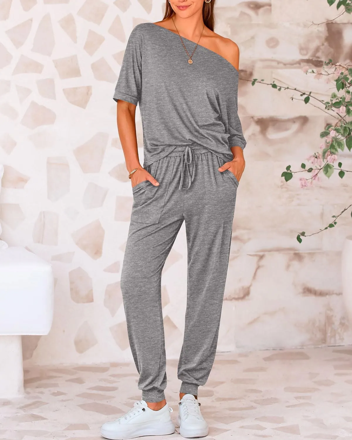 Zenlonr Women Summer 2 Piece Outfits 2025 Off Shoulder Short Sleeve Tops Elastic Waist Drawstring Long Pants Tracksuit