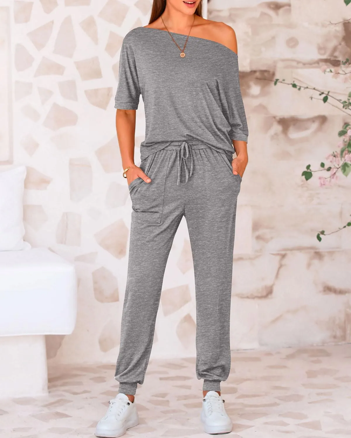 Zenlonr Women Summer 2 Piece Outfits 2025 Off Shoulder Short Sleeve Tops Elastic Waist Drawstring Long Pants Tracksuit