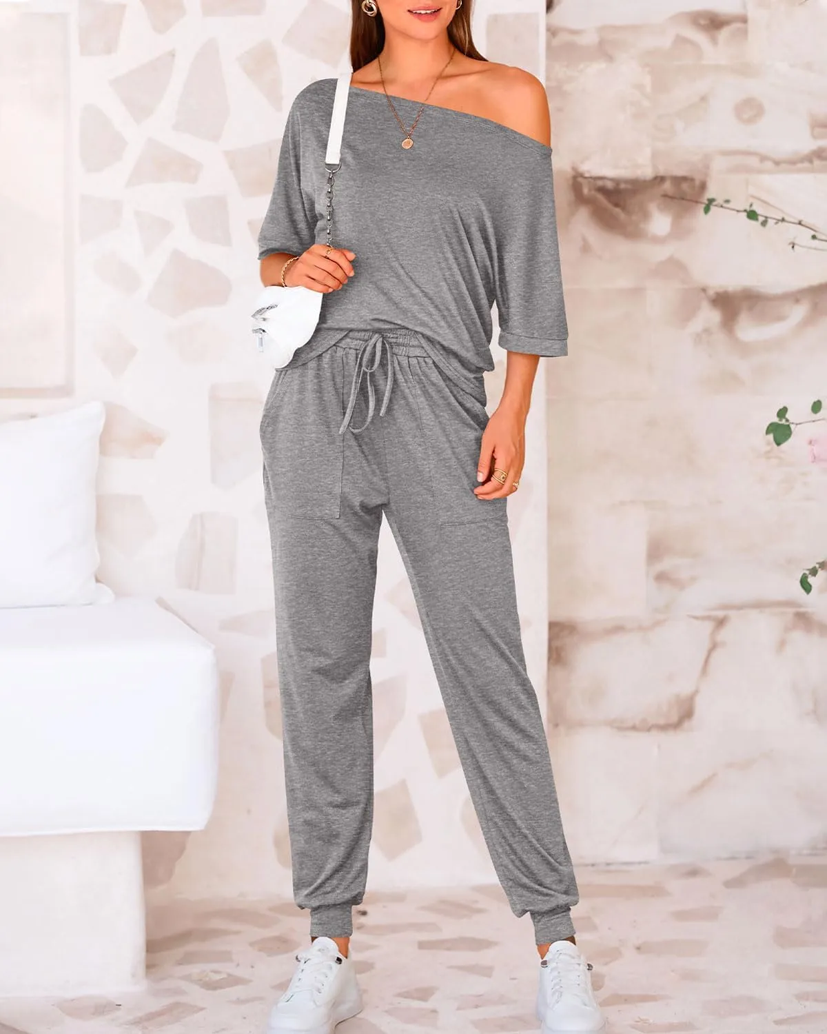 Zenlonr Women Summer 2 Piece Outfits 2025 Off Shoulder Short Sleeve Tops Elastic Waist Drawstring Long Pants Tracksuit