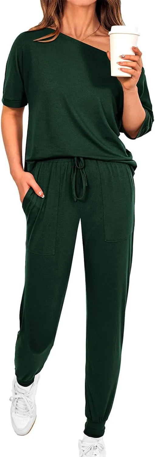 Zenlonr Women Summer 2 Piece Outfits 2025 Off Shoulder Short Sleeve Tops Elastic Waist Drawstring Long Pants Tracksuit